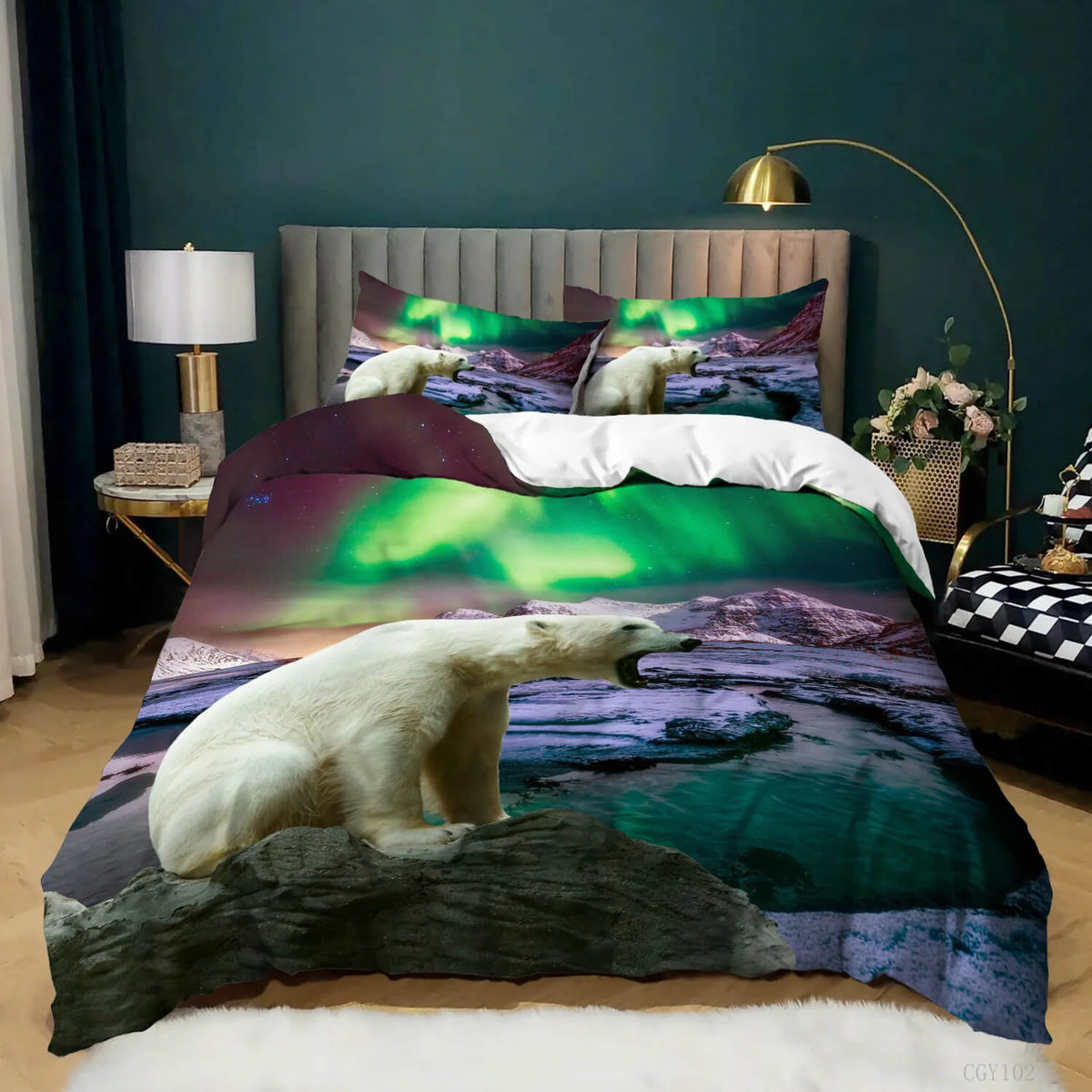 Bedding set with polar bear and Northern Lights design in a bedroom setting.