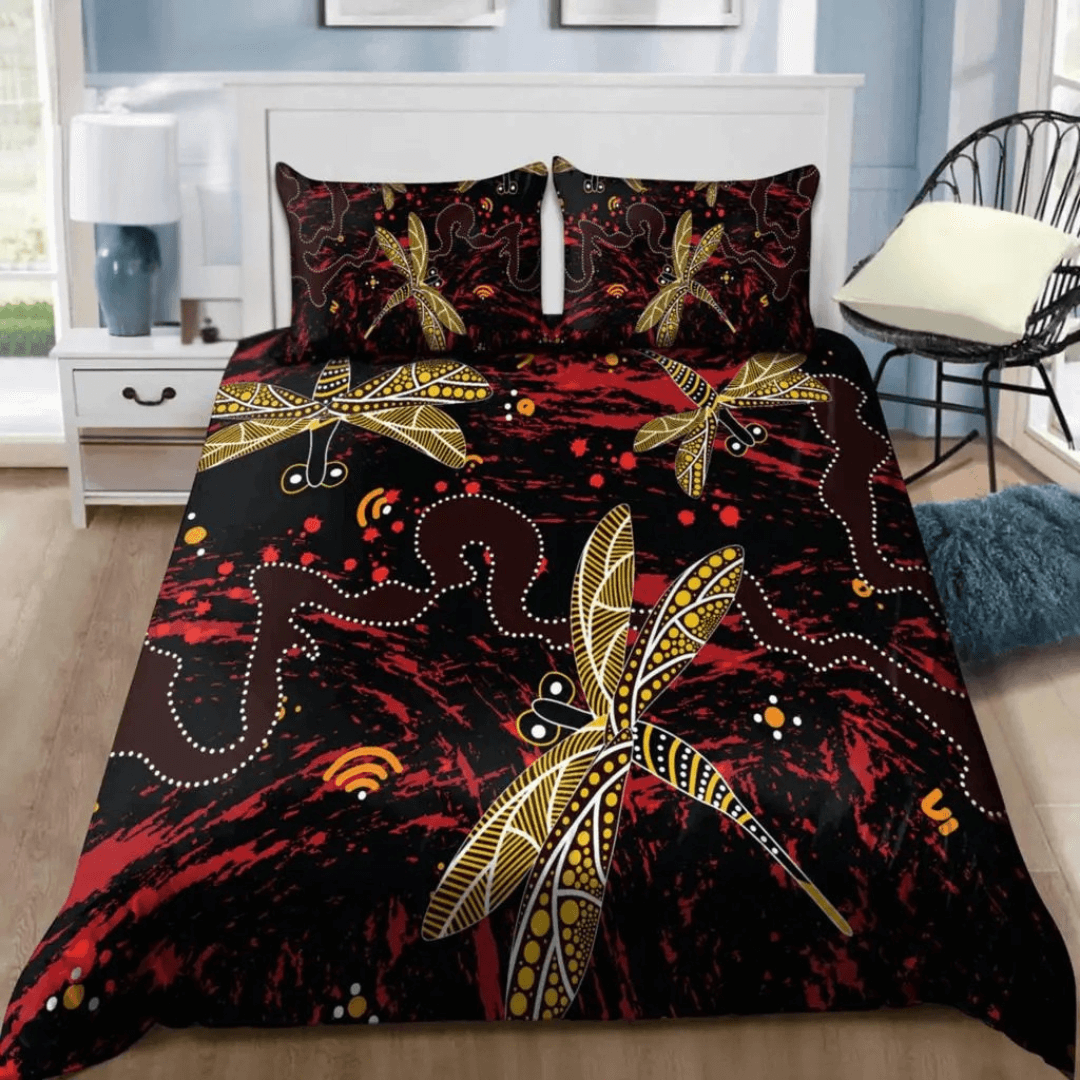 Indigenous Art Bed Set Featuring Ocean Wave and Dot Design