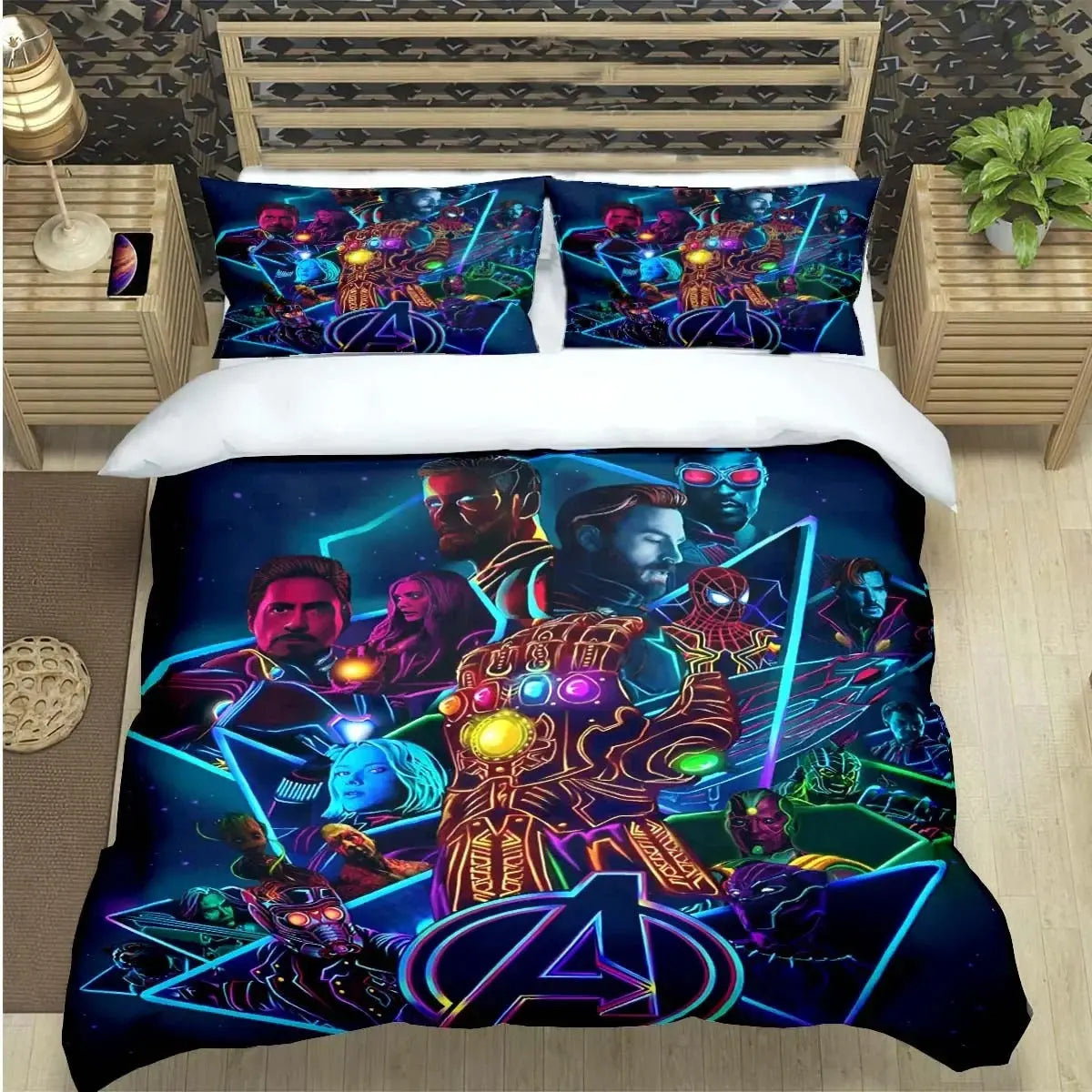 Avengers Endgame duvet cover set with Marvel characters Iron Man, Spider-Man, Captain America, and Thanos
