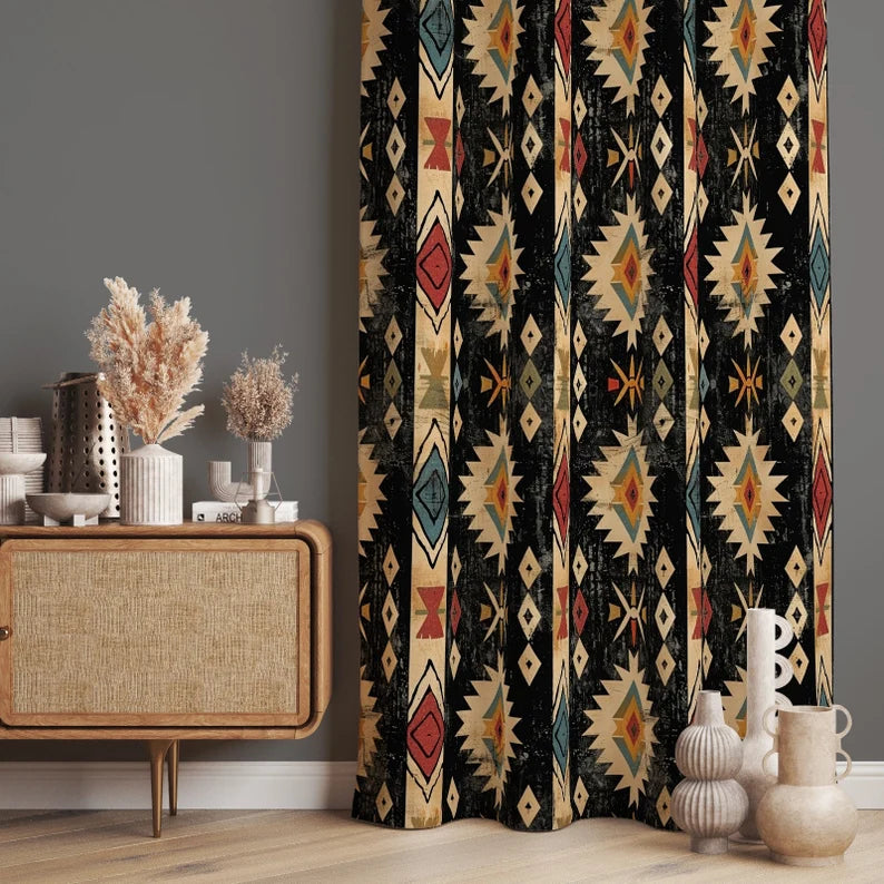 Aztec Pattern Curtain Panels, Ethnic Dining Room Window Treatments, Southwestern Curtains for Bedroom, Native American Design Kitchen Drapes
