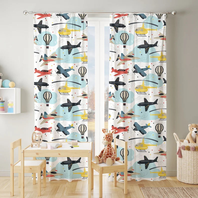 
Balloon and airplane nursery room curtains, Window curtains, baby boy room, Nursery baby room curtain, watercolor nursery curtain