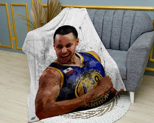 Stephen Curry celebration splash effect flannel blanket featuring vibrant NBA basketball player graphics, ultra-soft warm fabric, and energetic design perfect for basketball fans’ bedding or couch throw