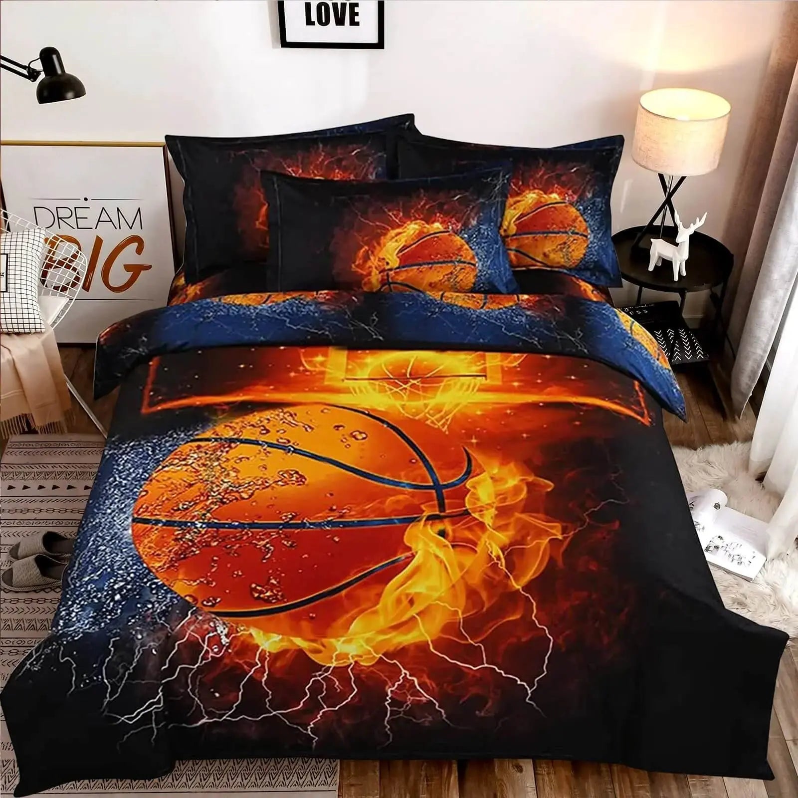 Close-up of basketball and hoop print on microfiber duvet