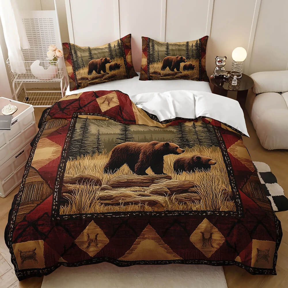 Bear and deer rustic hunting quilt cover set