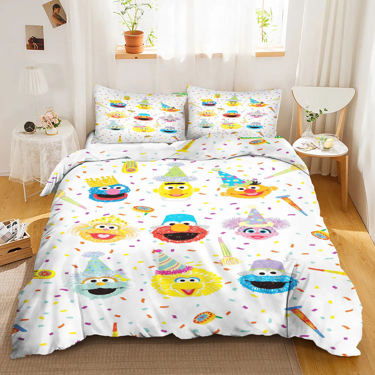 Bed made with Sesame Street bedding, with natural daylight highlighting the vibrant colors.