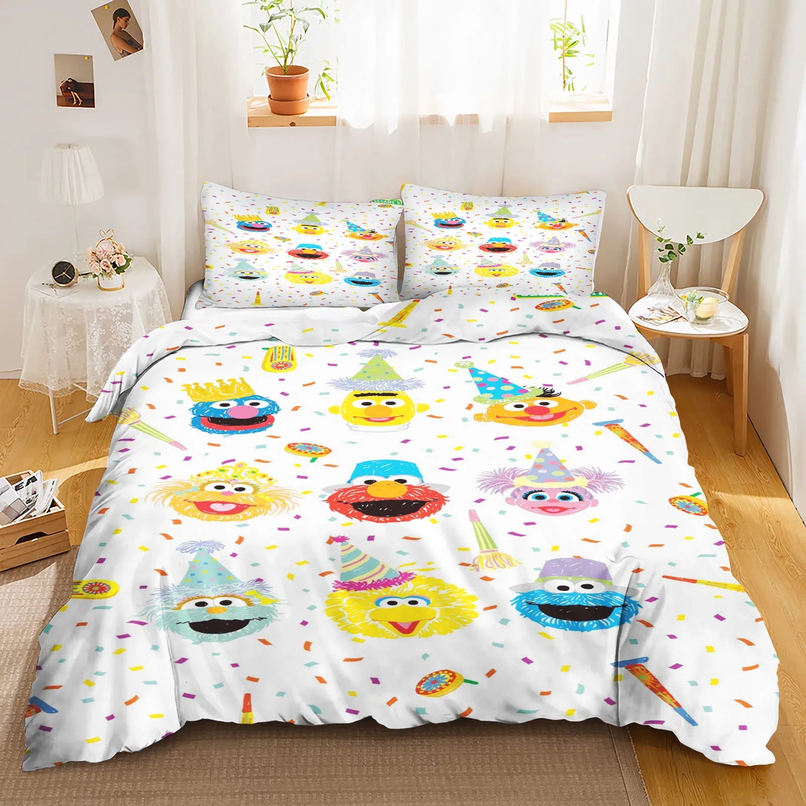 Bed made with Sesame Street bedding, with natural daylight highlighting the vibrant colors.