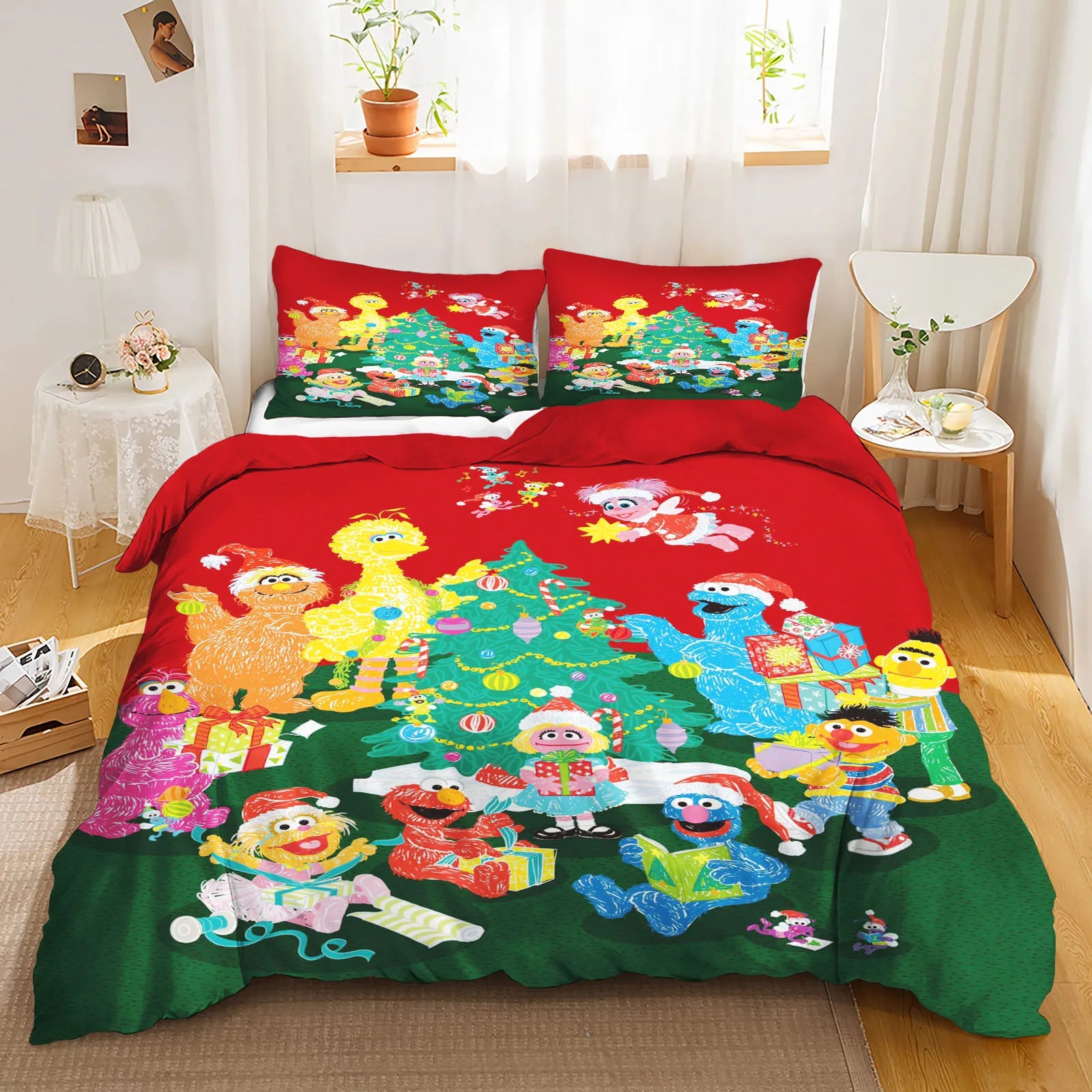 Bedding set styled in a colorful kids' room with toys and books around.