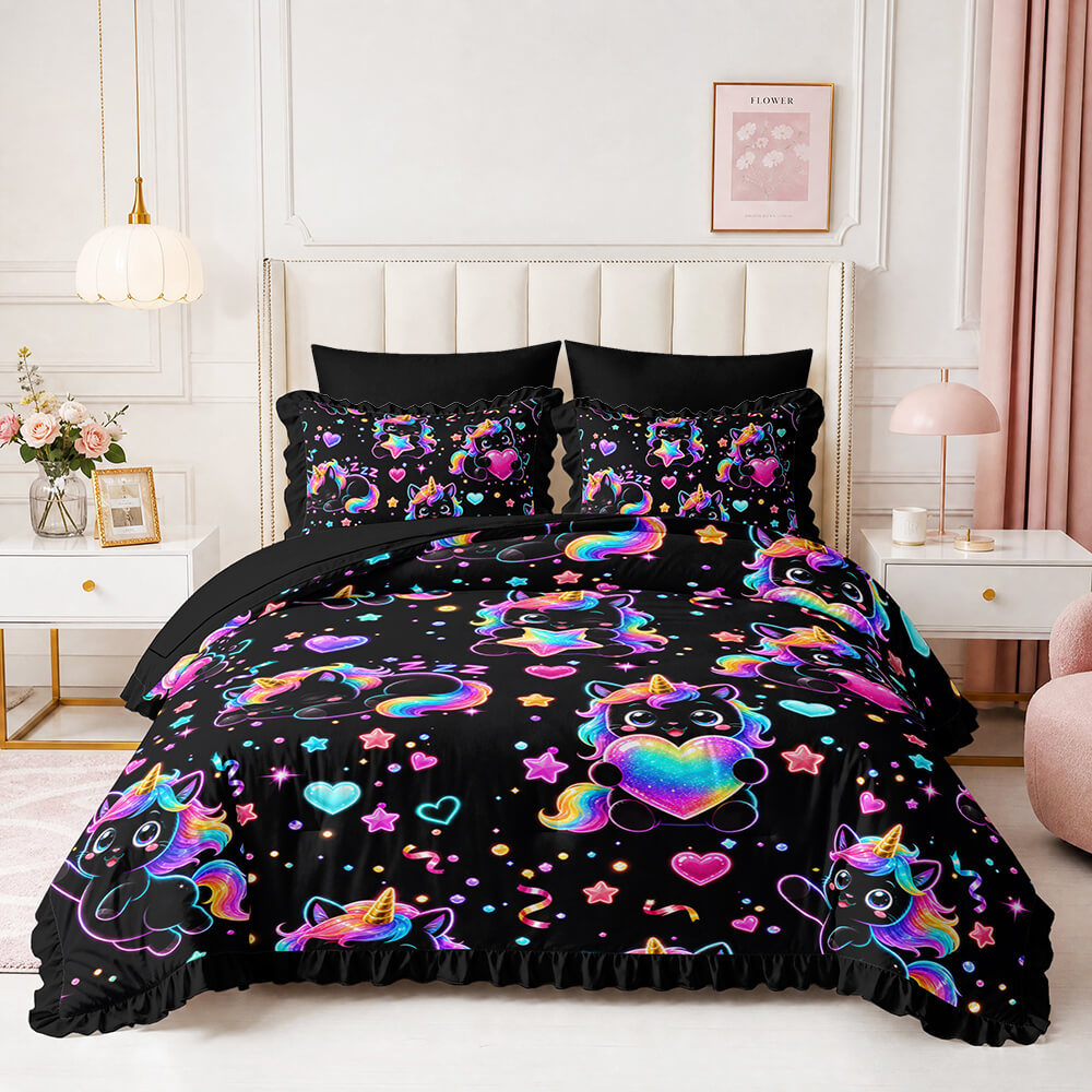 A black bedding set with a vibrant, neon-like rainbow unicorn print, displayed on a bed in a modern, light-filled bedroom.