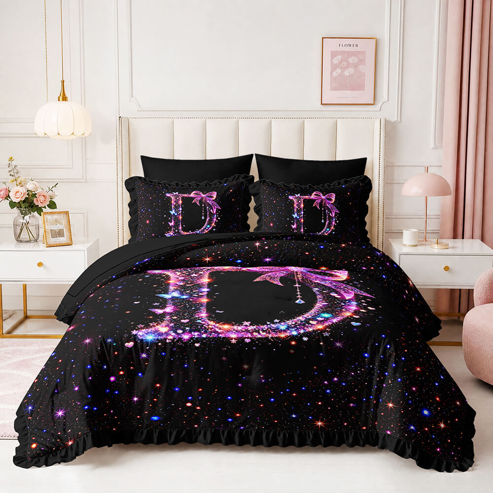 Galaxy themed bedding set with glitter stars and butterflies