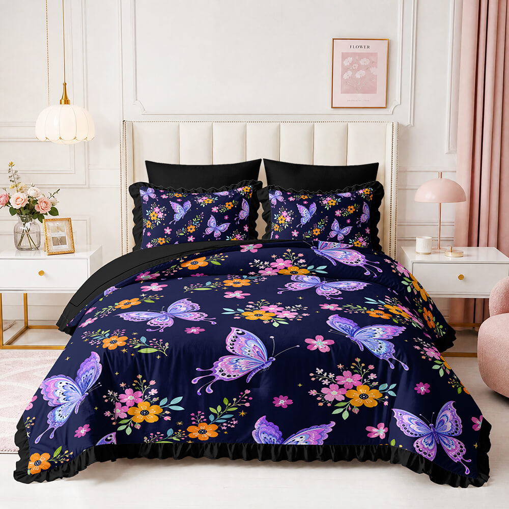 Black galaxy bedding featuring butterflies stars and floral