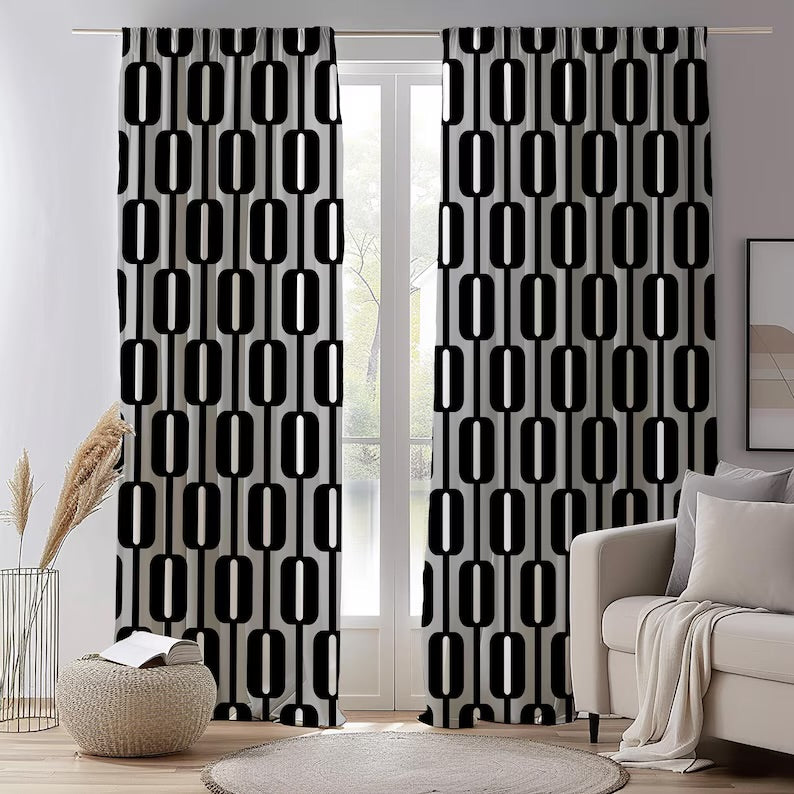 Black and White Art Deco Curtains, Squares Lines Panel Curtains, Retro Grommet Geometric Curtain Panels, Mid Century Modern Art Deco Panels
