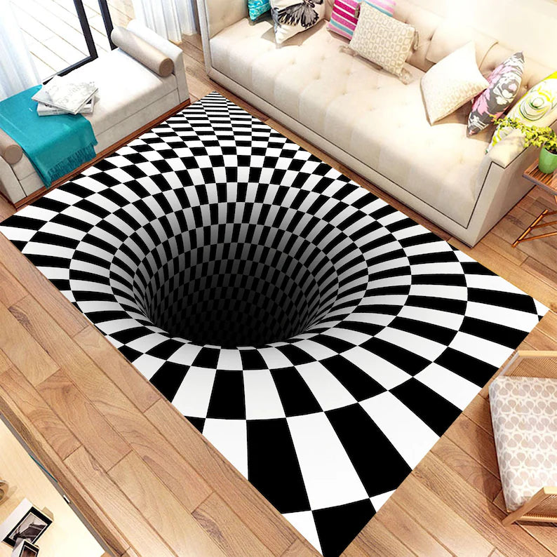 Black and white checkered rug with optical illusion design in a living room.