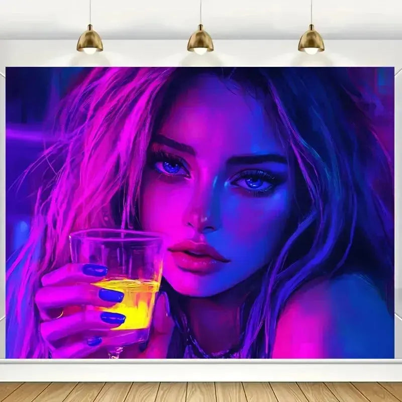 UV blacklight wall hanging of neon drinking girl design