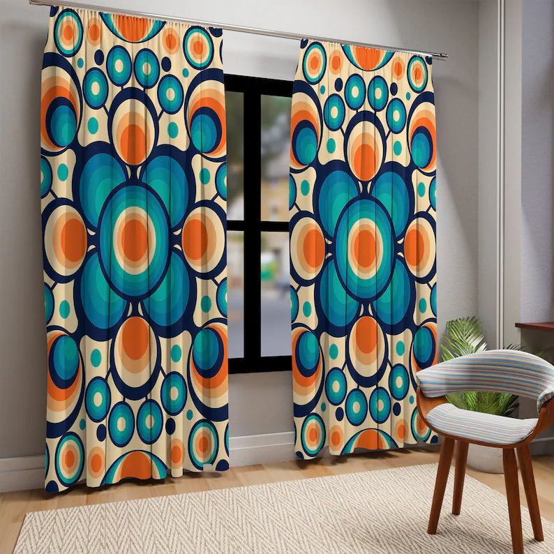 Blackout Groovy Hippie Retro Window Curtains, Psychedelic Orbs Mid Century Modern Curtain Panels, MCM Living Room Bedroom Window Decor Gifts