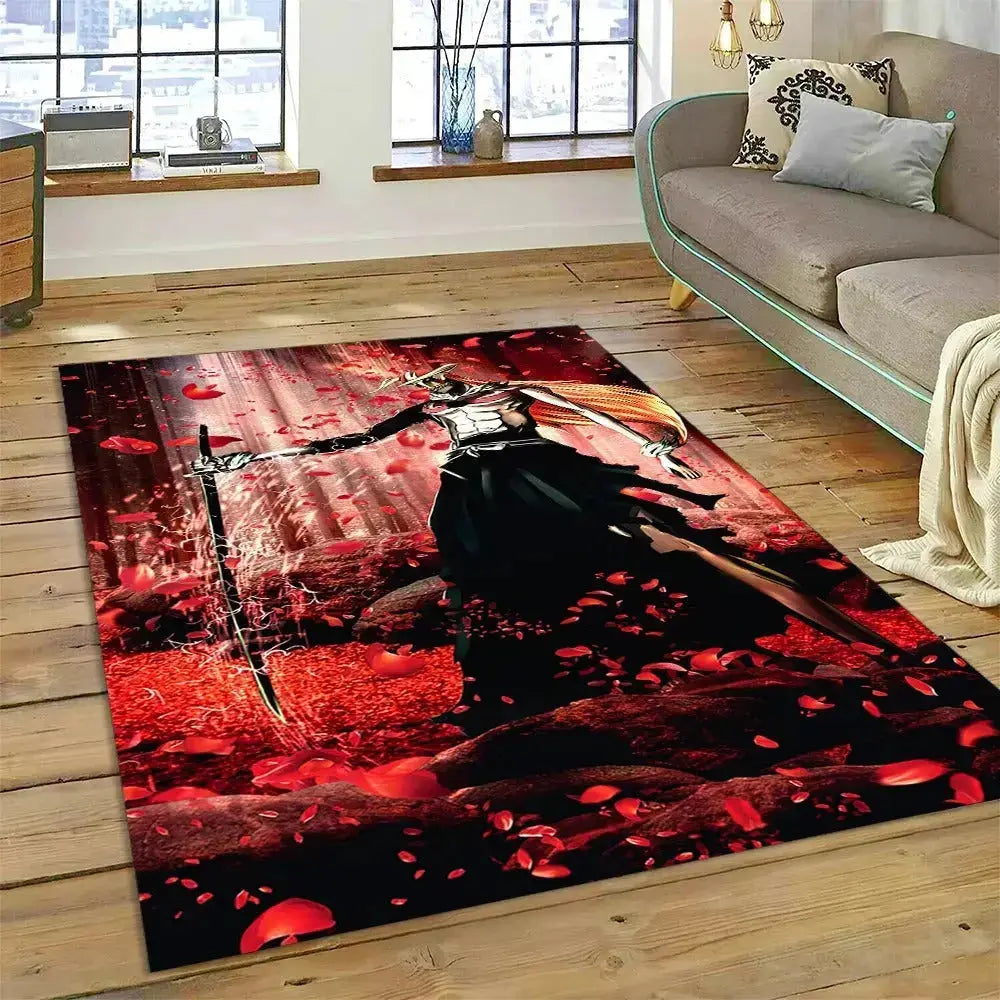 Bleach anime area carpet featuring Ichigo Kurosaki mid-slash with red energy