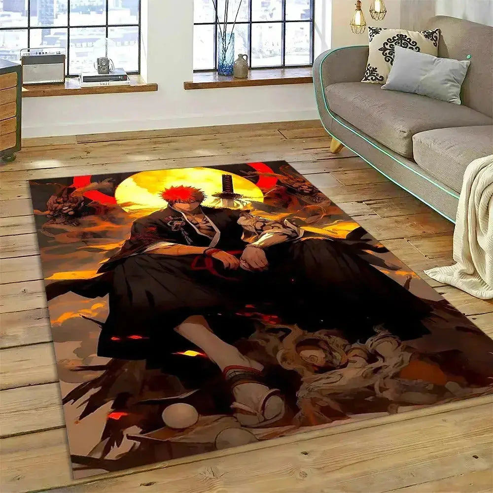 Bleach anime rug featuring Ichigo Kurosaki in Hollowfied and Bankai form with full moon background – non-slip floor mat for bedroom or anime decor