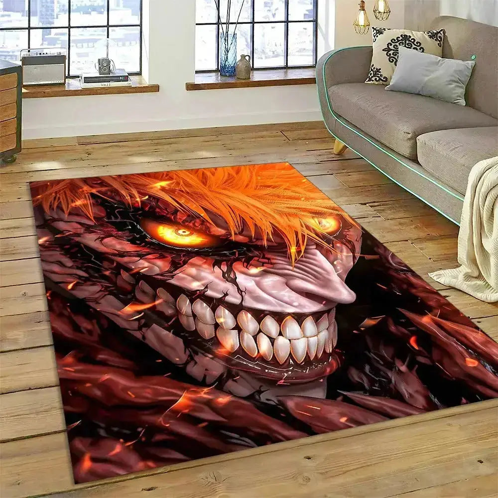 Bleach anime area rug featuring Ichigo Kurosaki Hollow form with fierce mask and glowing eyes – non-slip floor mat for anime-themed rooms