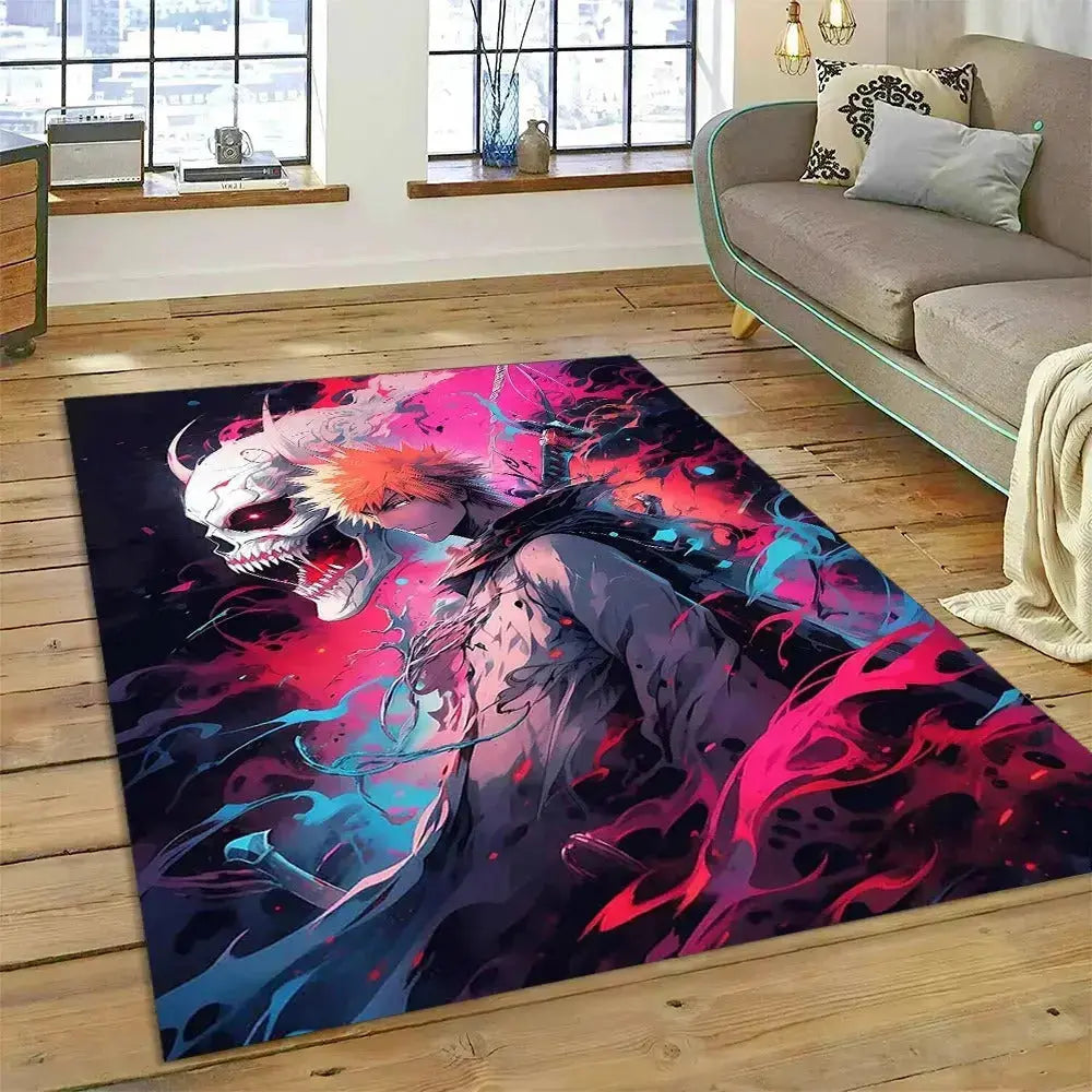 Horror-themed area rug with neon pink and blue horned skull demon – vibrant non-slip floor mat for bedroom or gothic decor