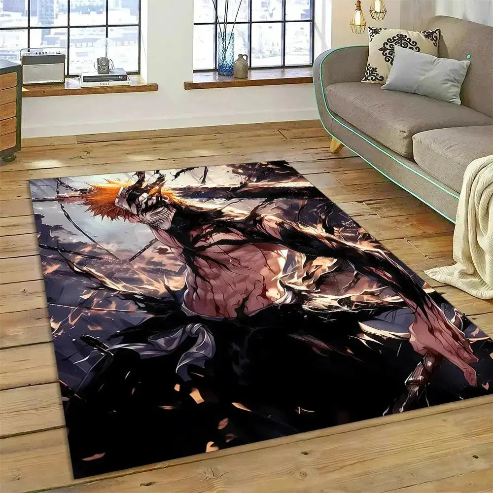 Bleach anime area rug featuring Ichigo Kurosaki in Hollowfied form – non-slip cartoon floor mat for bedroom or anime decor