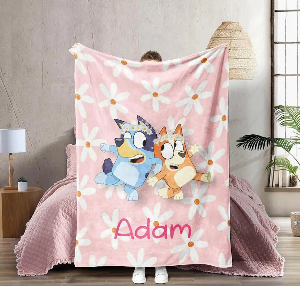 Custom Bluey blanket with floral design and name text – ideal personalized gift for children