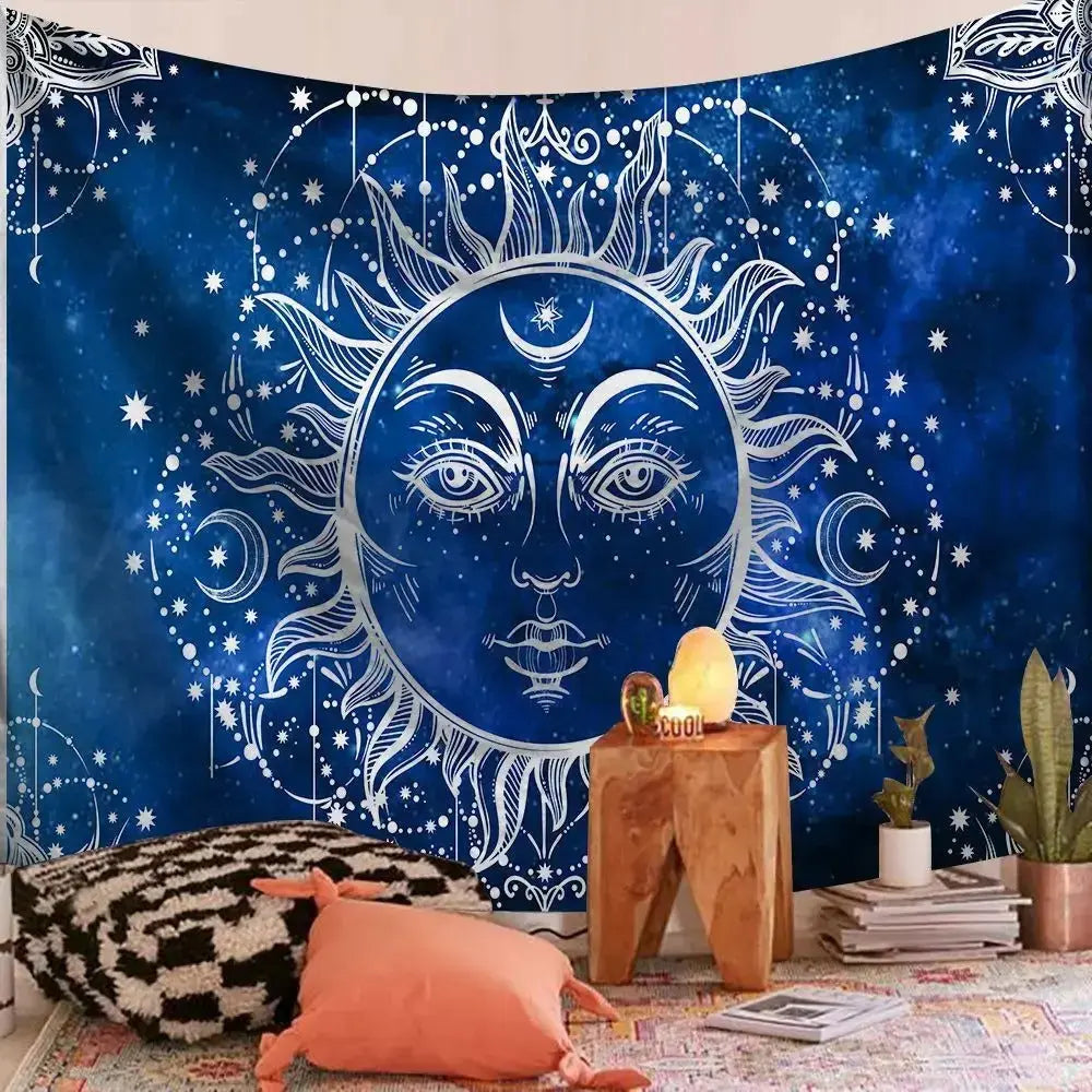 Large Indian mandala wall tapestry displayed in a minimalist living room