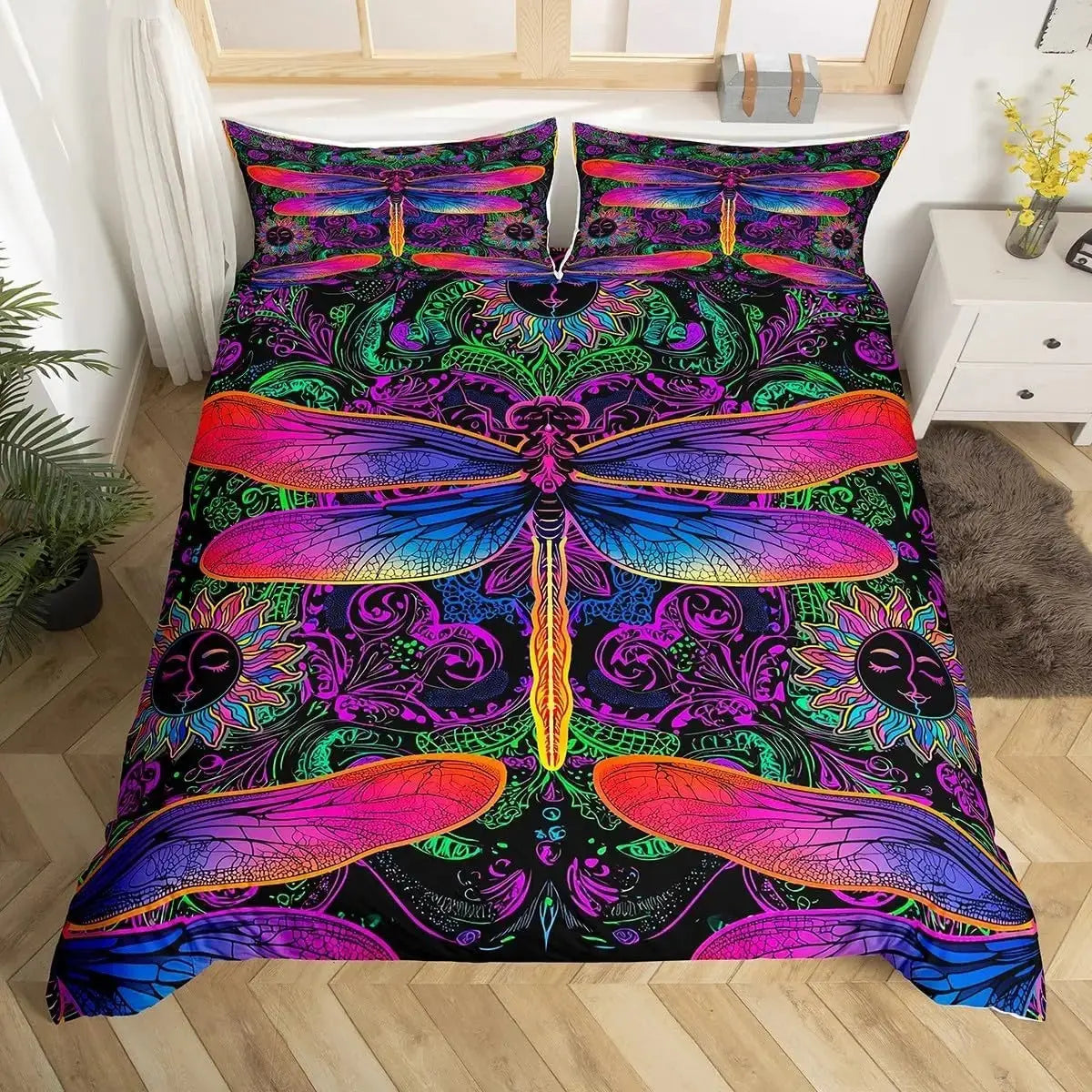 Chic Dragonfly Mandala Duvet Cover with Psychedelic Boho Design in Purple and Blue