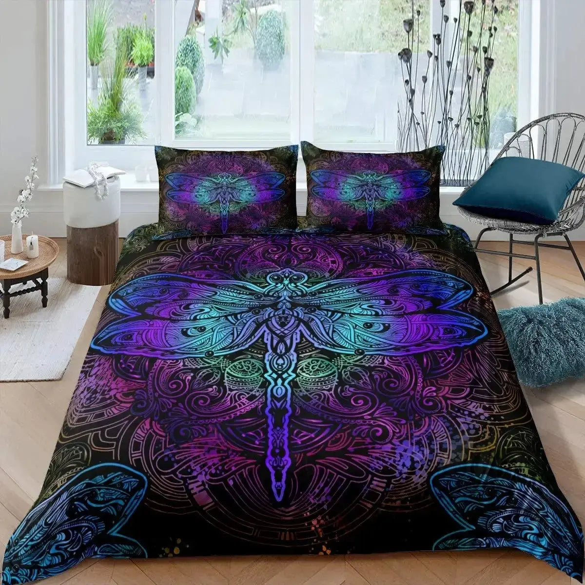 Bohemian dragonfly duvet cover set on king size bed with mandala paisley design
