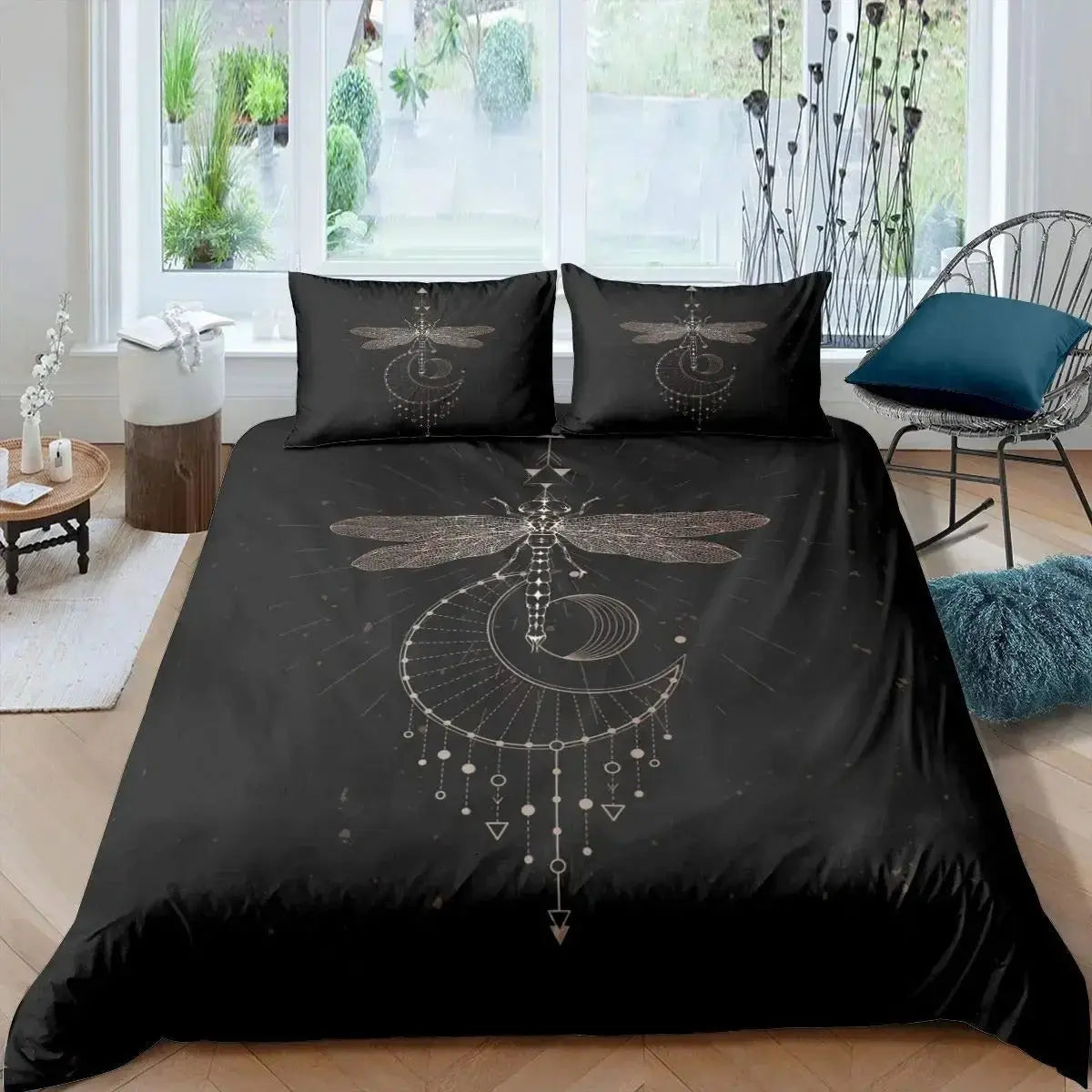 Tie dye iridescent bohemian dragonfly quilt bedding on king size bed