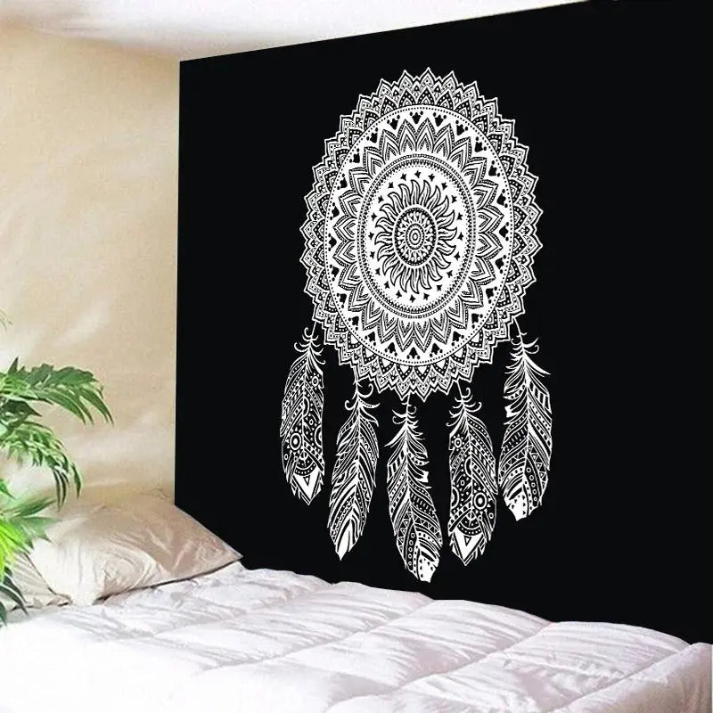 Colorful dream catcher art cloth featuring vivid feather mandala design