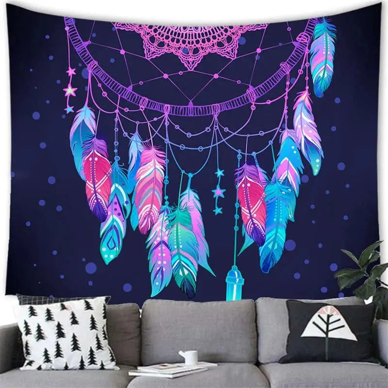 Psychedelic dream catcher beach towel with mandala and feathers