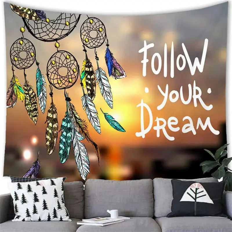 Boho dream catcher fabric art with colorful feathers and mandala patterns