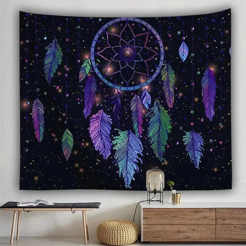 Bohemian dream catcher fabric poster with feather mandala design