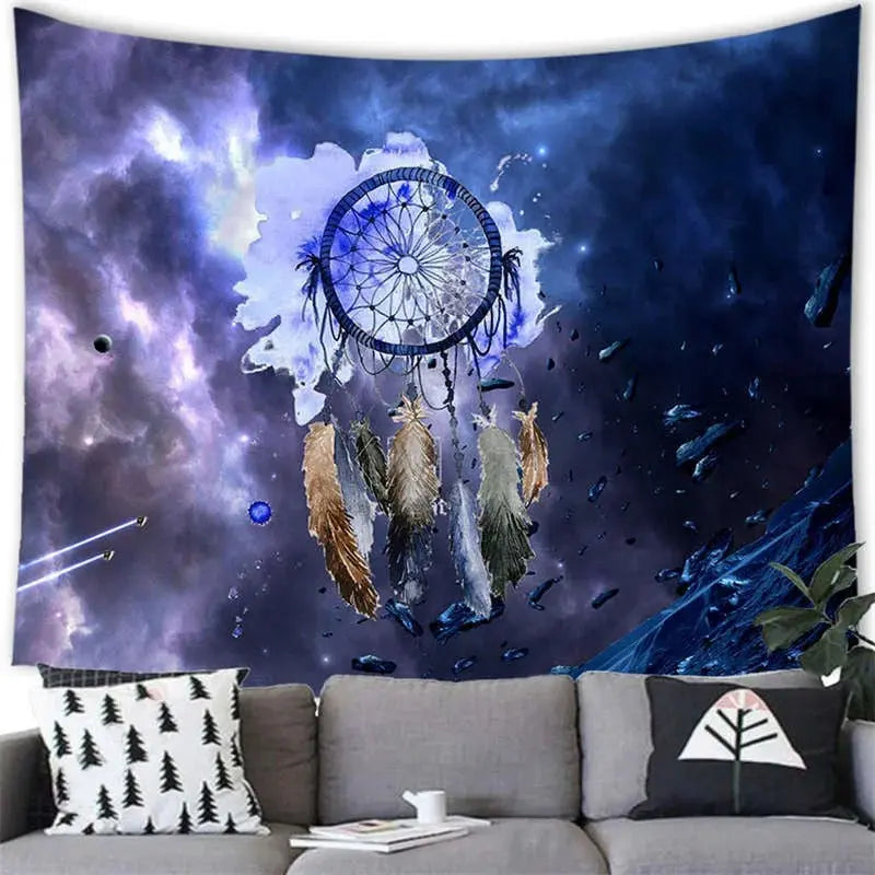 Boho dream catcher fabric mural with feather and mandala pattern