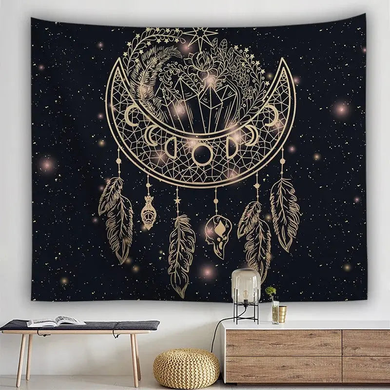 Boho dream catcher feather curtain panel in window light