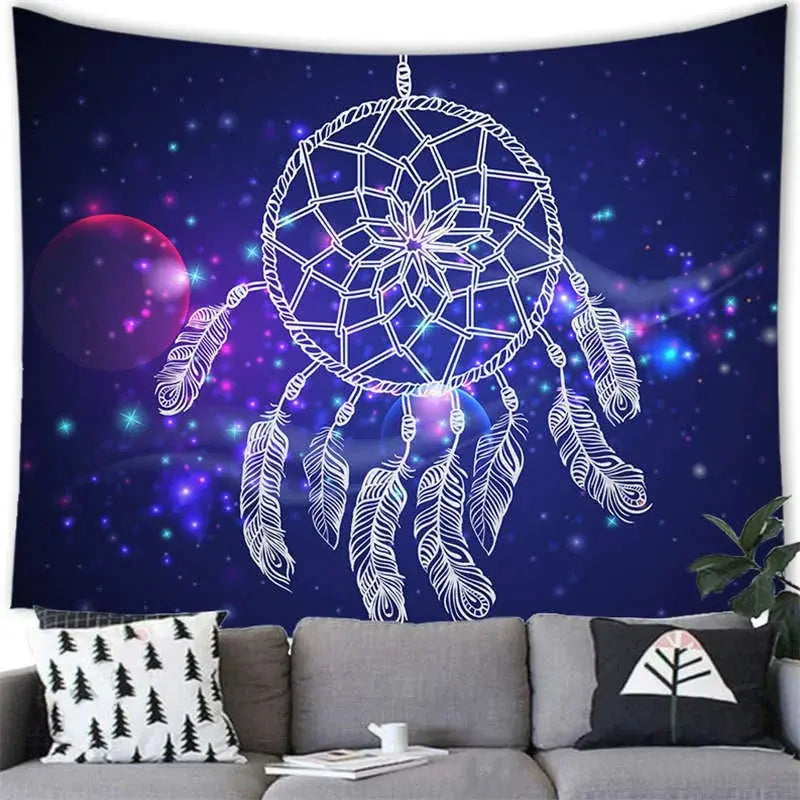 Boho dream catcher textile print featuring feather mandala pattern