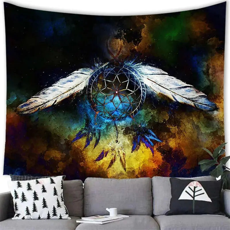 Psychedelic dream catcher wall carpet with feather artwork