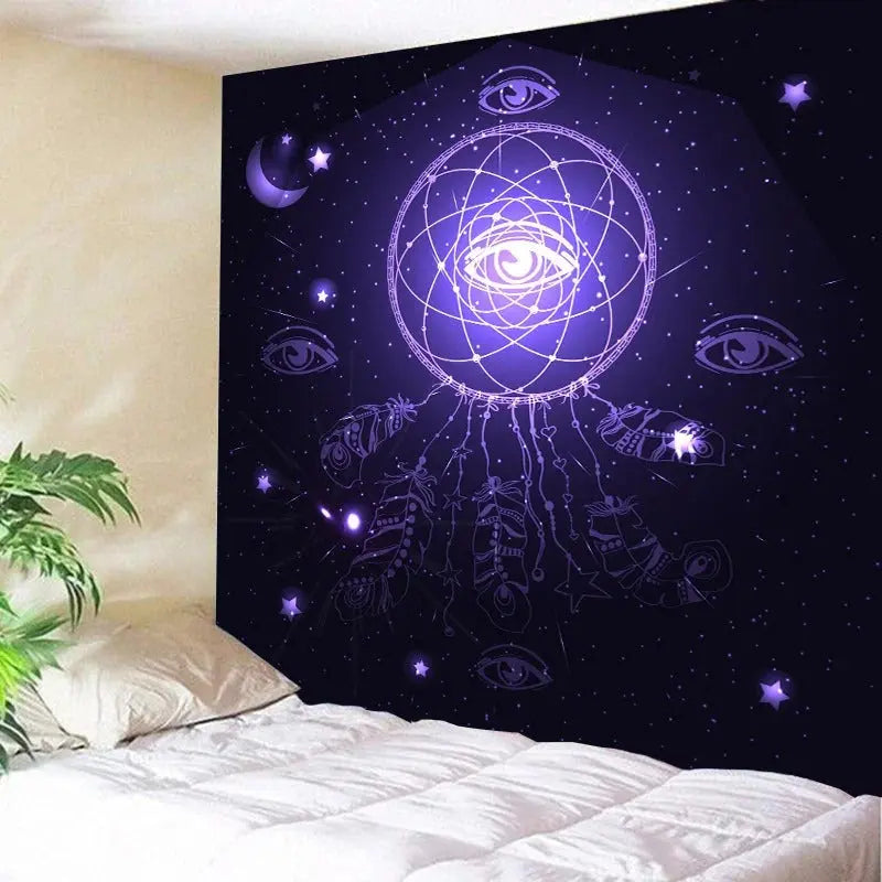Bohemian dream catcher wall drape featuring feather mandala print