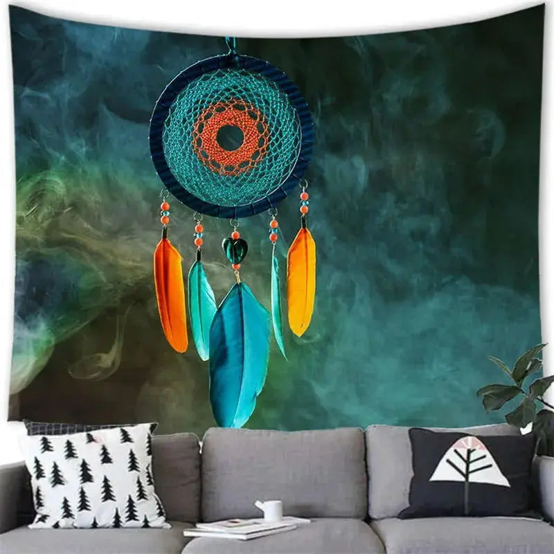 Colorful psychedelic dream catcher wall hanging with feather motifs