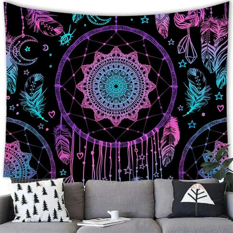 Psychedelic dream catcher yoga mat cloth with feather design
