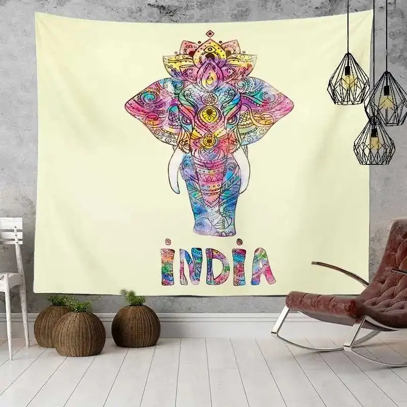 Bohemian mandala elephant tapestry with INDIA print, wall hanging decor