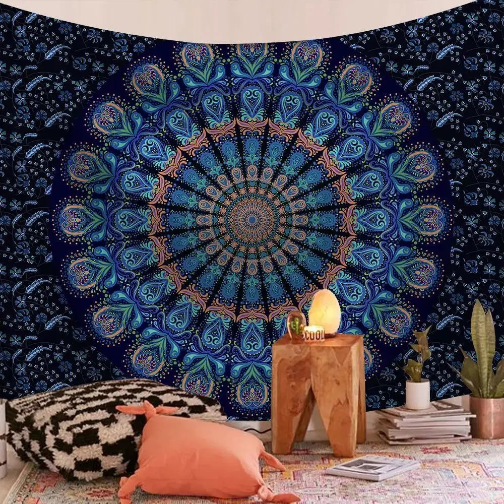 Boho Indian mandala tapestry used as a floor throw in a meditation room