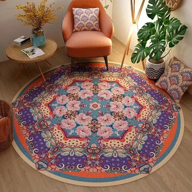 Boho mandala circle rug on hardwood floor with casual seating