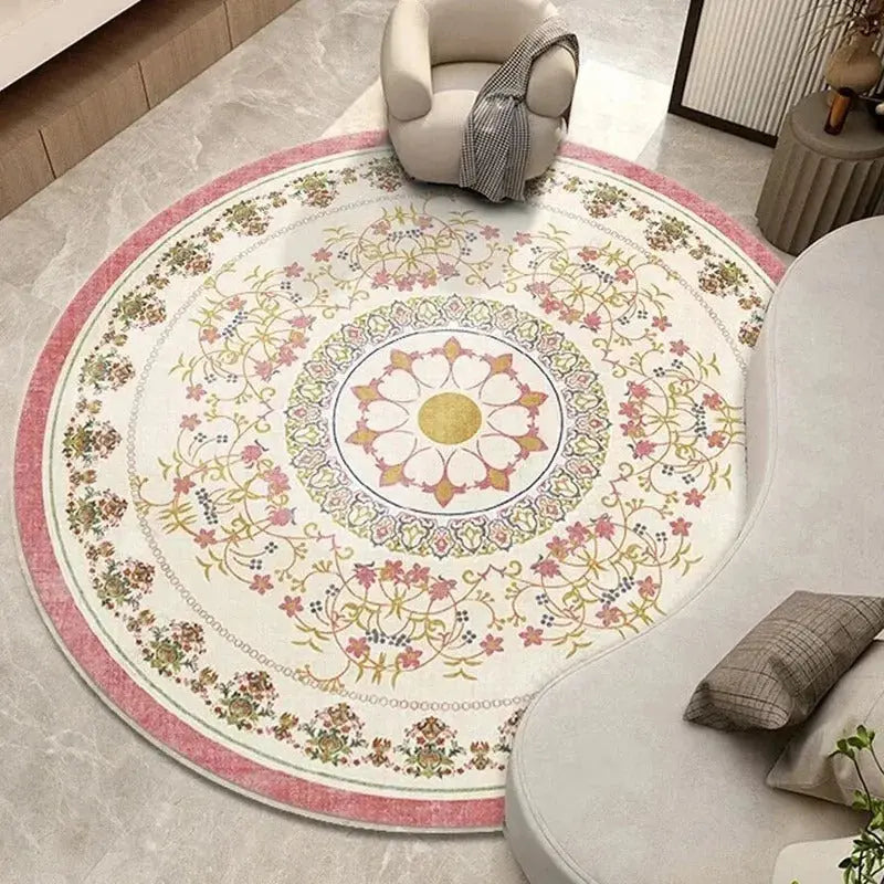Oversized mandala round rug in bright, open living room