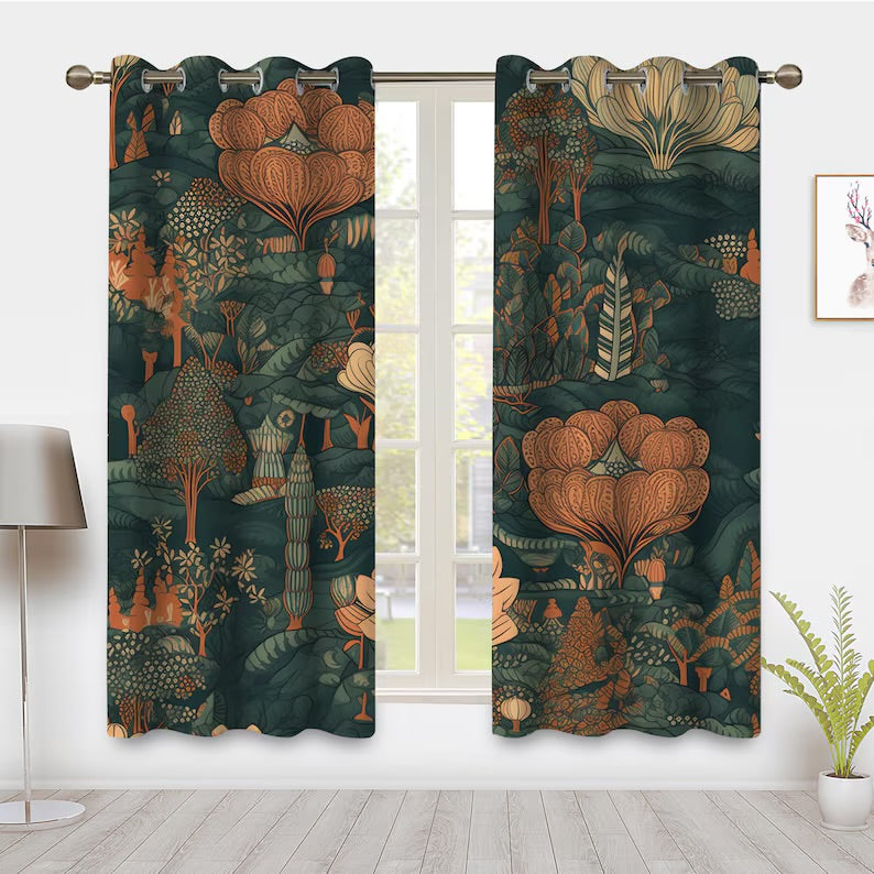 Bohemian Art Style Window Curtains, RetroTeal and orange flower Window Treatment Blackout Curtain, For Bedroom living room privacy Decor