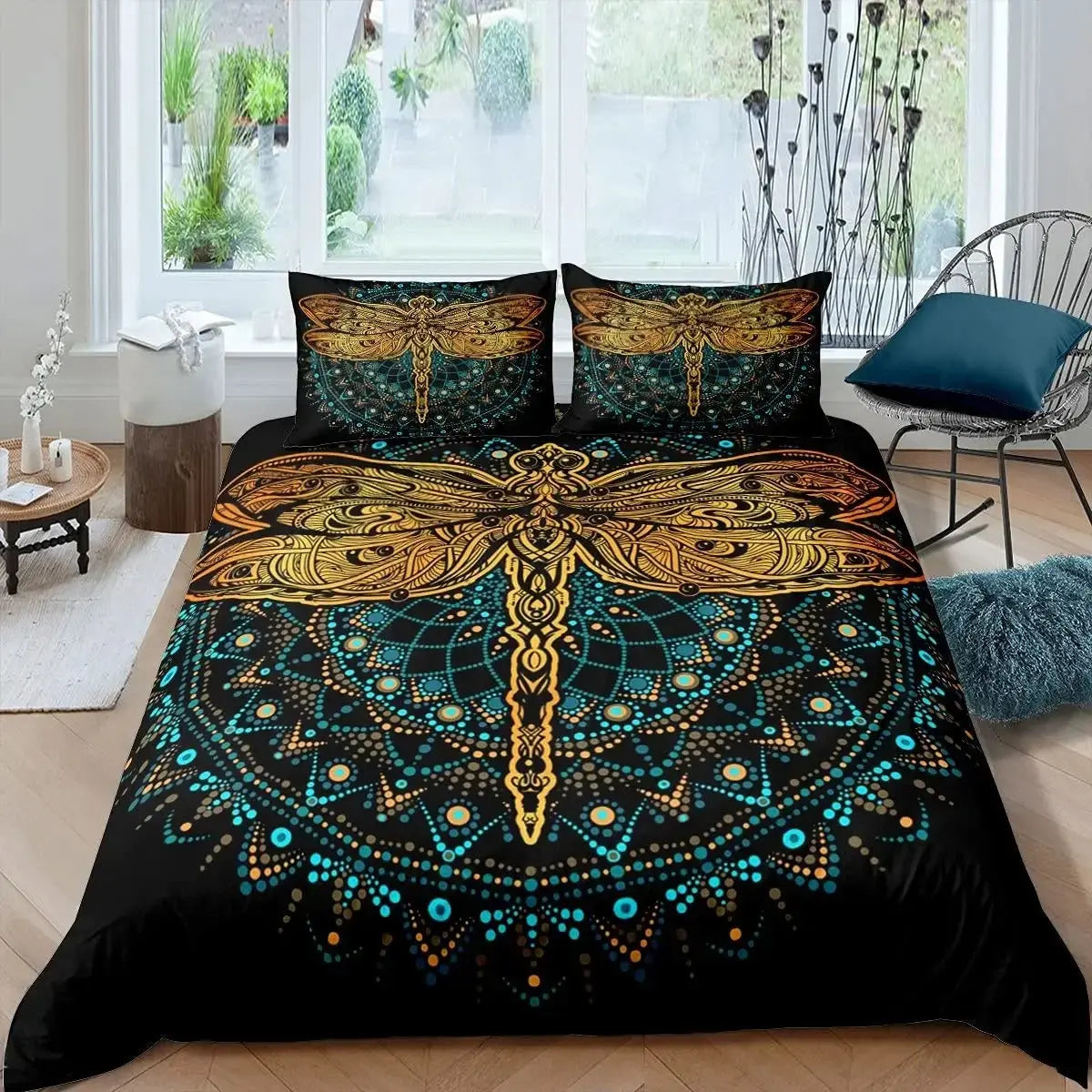 Bohemian Dragonfly Duvet Cover Set with Mandala Paisley Design