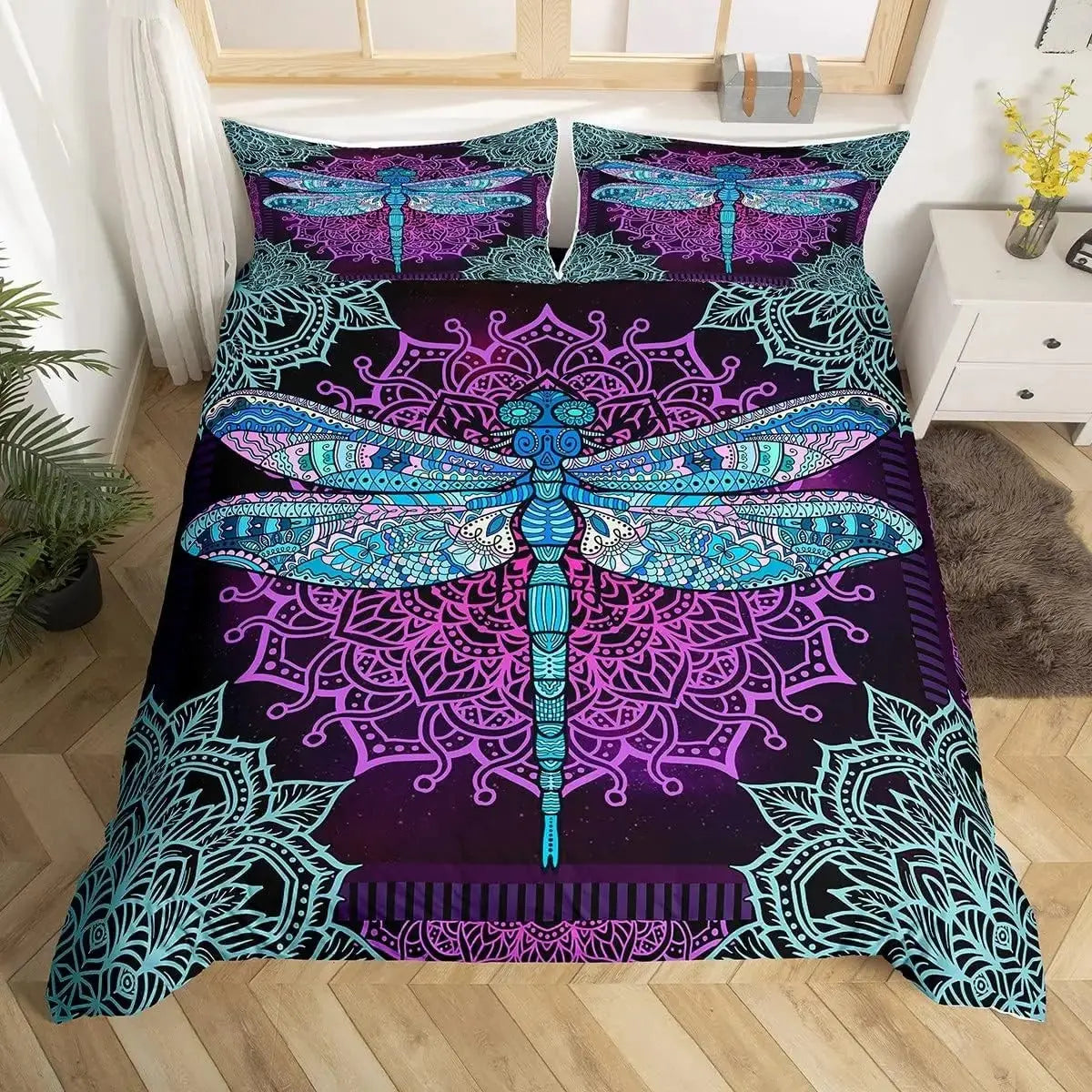 Bohemian Dragonfly Mandala Doona Cover in Blue and Purple Paisley Design