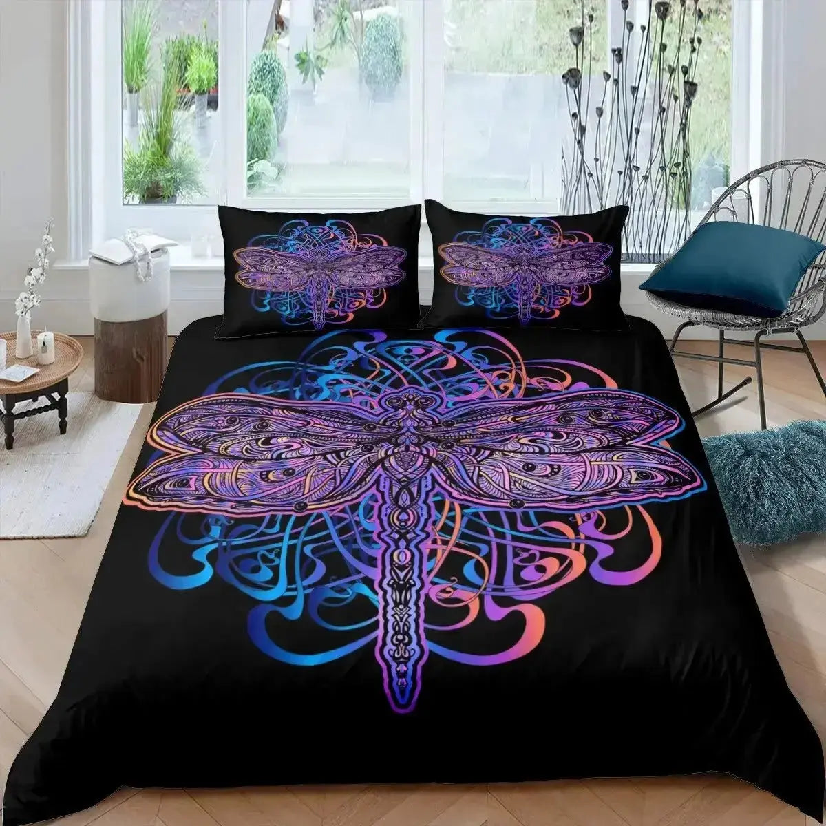 Mandala paisley boho dragonfly quilt bedding on king bed