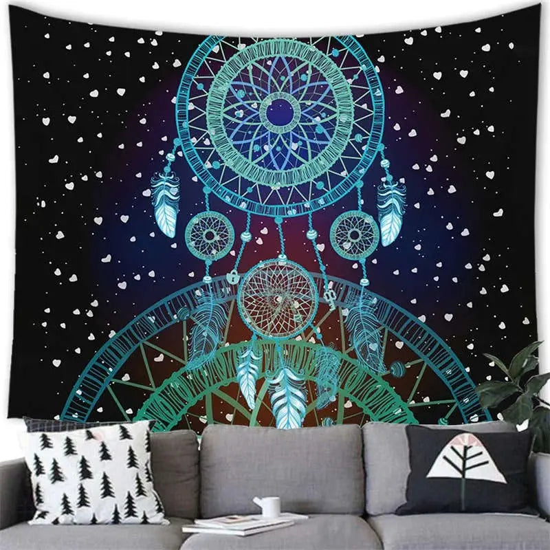 Boho dream catcher picnic mat with psychedelic feather print