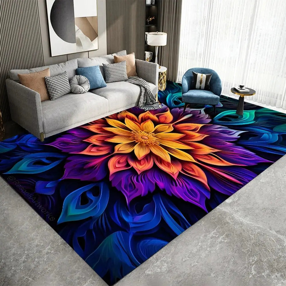 Mandala print rug on wooden floor under teen bed setup