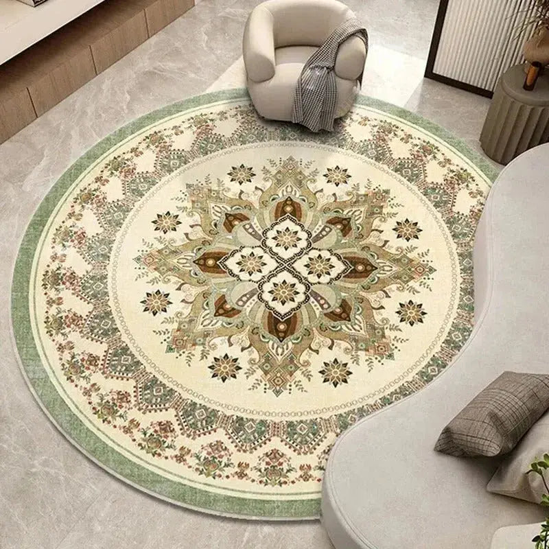 Minimal round rug with mandala pattern in quiet boho bedroom